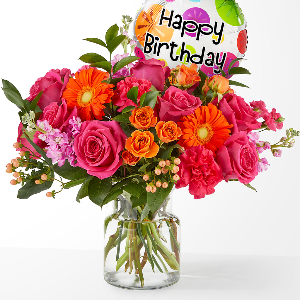 Fiesta Bouquet with Birthday Balloon – WARD'S FLORIST AND GREENHOUSE, Beverly MA