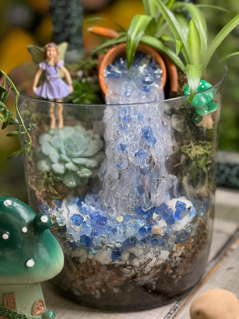Waterfall Fairy Garden in Glass Cylinder with Succulents