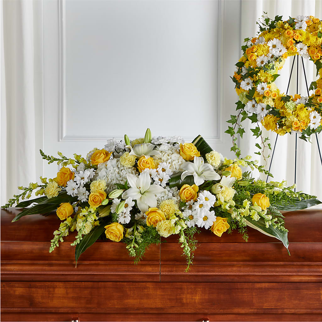 Golden Harmony Casket Spray – WARD'S FLORIST AND GREENHOUSE, Beverly MA