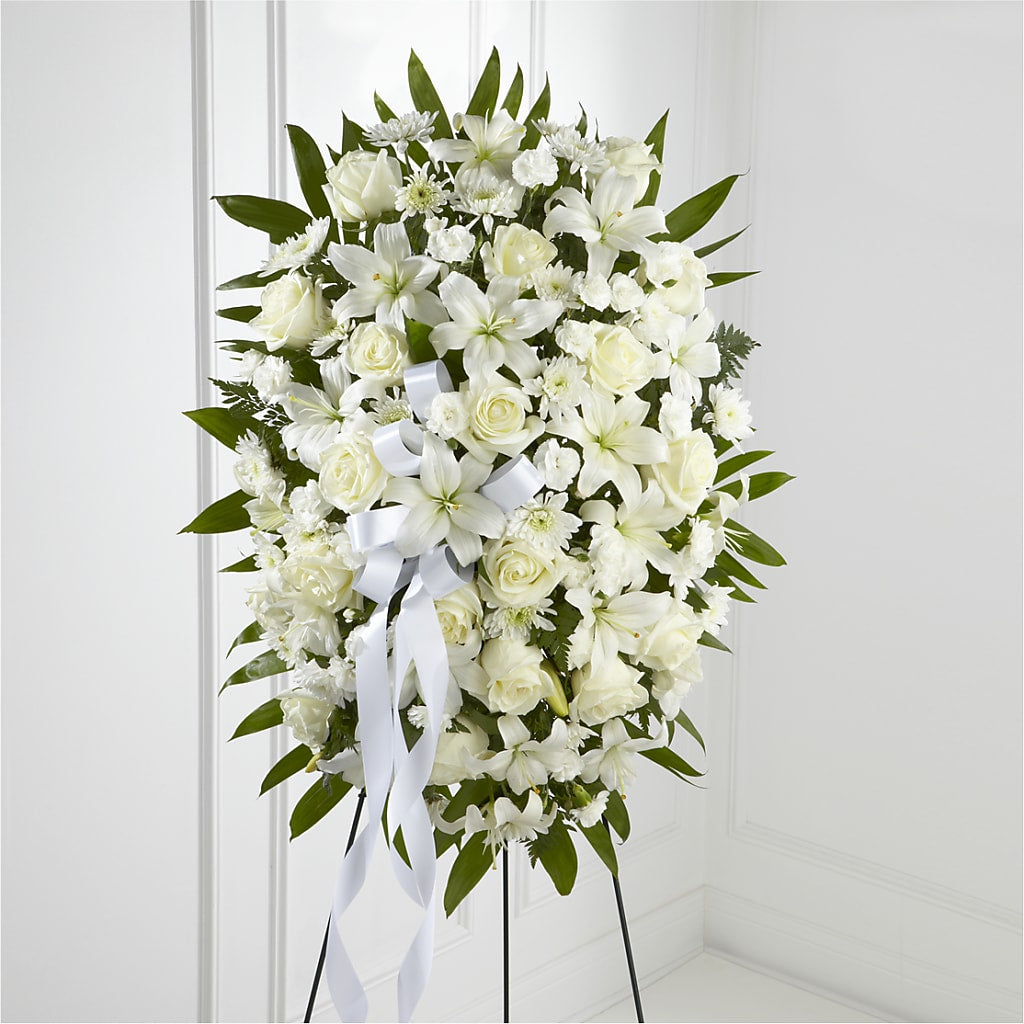 Exquisite Tribute Standing Spray-White Ribbon – WARD'S FLORIST AND GREENHOUSE, Beverly MA