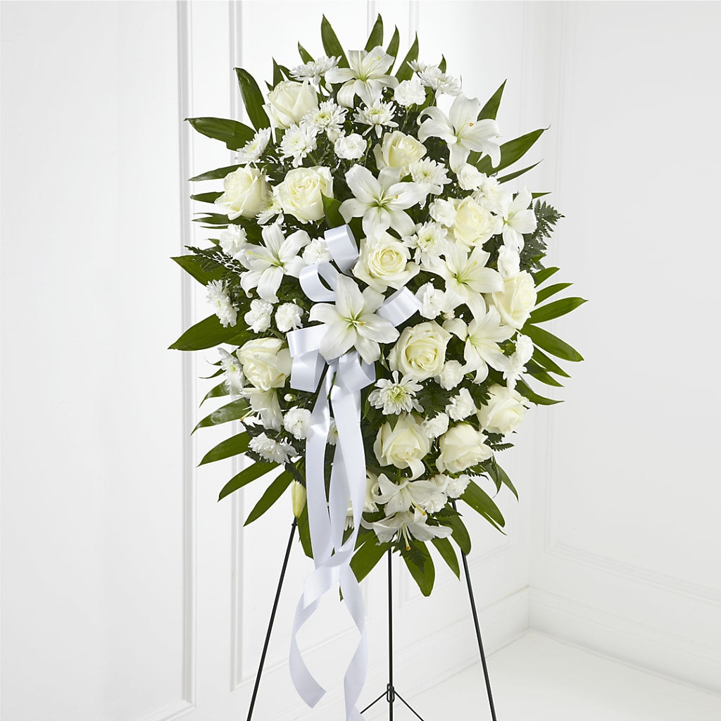 Exquisite Tribute Standing Spray-White Ribbon – WARD'S FLORIST AND GREENHOUSE, Beverly MA