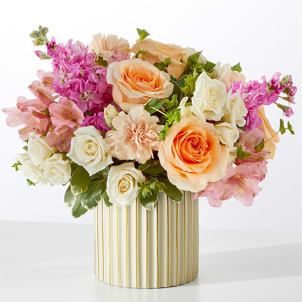 Paradise Bouquet with Ivory Vase – peach, pink, white flower