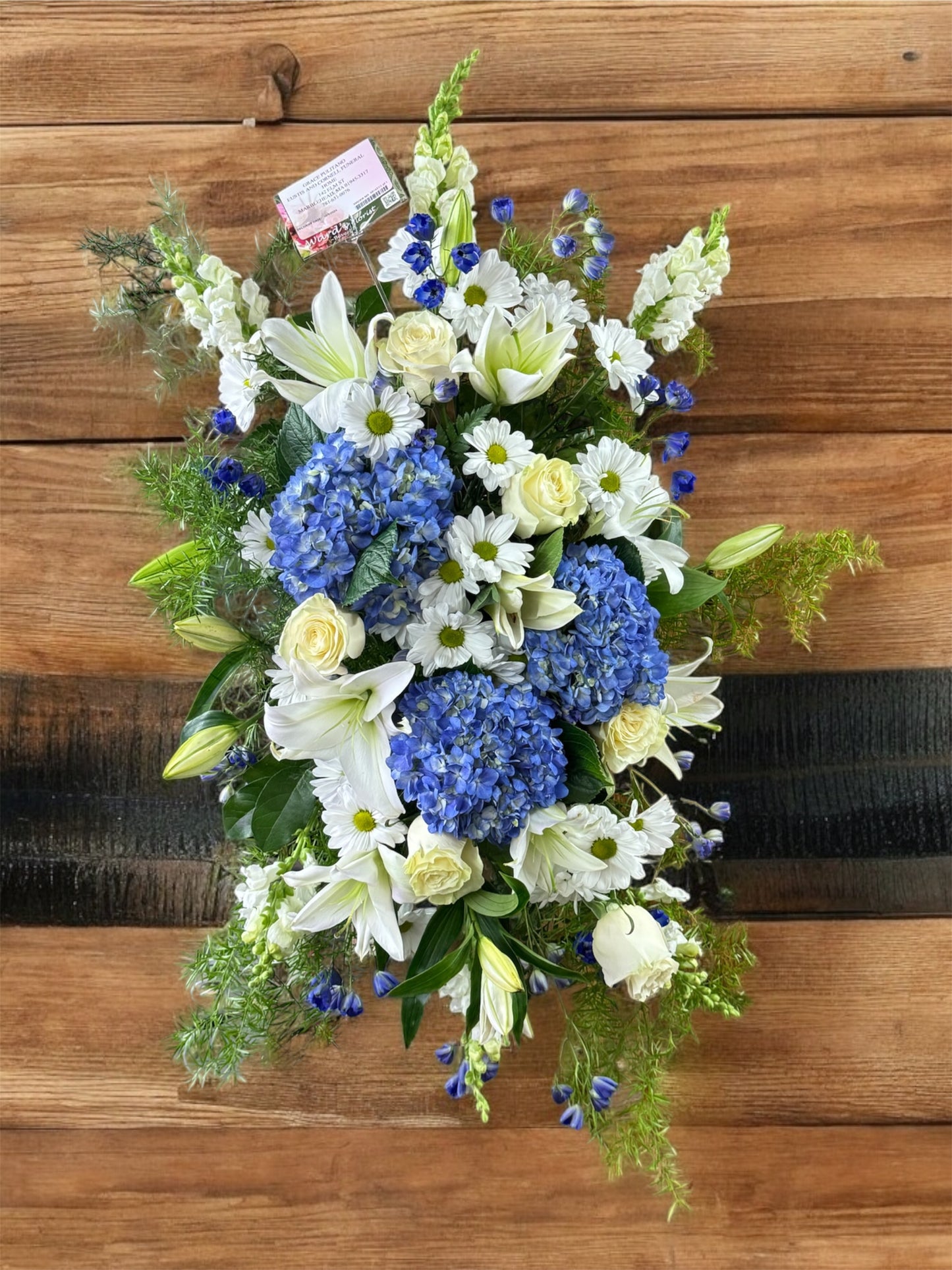 Wards Blue and White Standing Spray – WARD'S FLORIST AND GREENHOUSE, Beverly MA